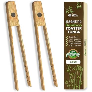 Imagem de Pinça para torradeira com ímã | Utensílios de cozinha de bambu para cozinhar e segurar torradas de bacon e pão de bagel | Magnético natural livre de tóxicos de 20 cm de comprimento | Conjunto de 2