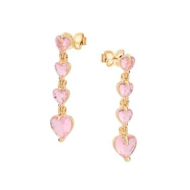 Imagem de Brinco Rommanel Banhado Ouro Corações Rosas Cristais 527440