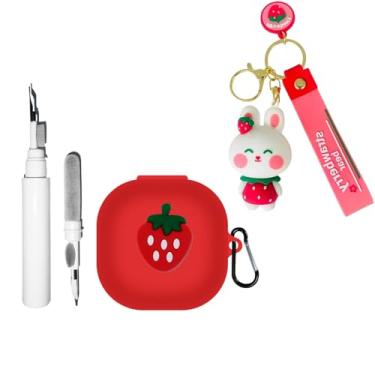 Imagem de [4 em 1] Capa de silicone SKPY compatível com SHOKZ OpenFit 2 com pingente e chaveiro, capa protetora à prova de choque com desenho fofo de morango para homens e mulheres