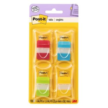 Imagem de Post-it Abas, 2,54 cm. Sólido, cores sortidas, durável, escrita, reposicionável, cola com segurança, remove de forma limpa, 25/cor, 25/dispensador, 4 dispensadores/pacote, (686-RALY)