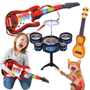 Imagem de Kit de Instrumentos Musicais Infantil com Mini Bateria Ukulele Violão Guitarra Eletrônica com Luz e Som Brinquedo Educativo para Crianças Menino e Menina Presente Natal (Bat. Azul / Violão Claro)
