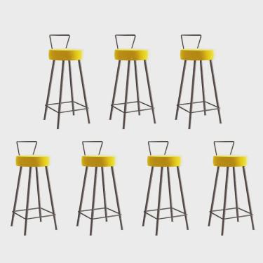 Imagem de Kit 07 Banqueta Alta Com Encosto Tais Eiffel Cozinha Bar Bistrô Ferro Marrom Sintético Amarelo - Ahz Móveis