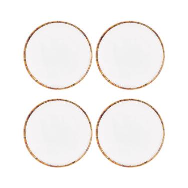 Imagem de Conjunto 4 Pratos Raso Para Refeição De Melamina Branco Borda Bambu 27cm