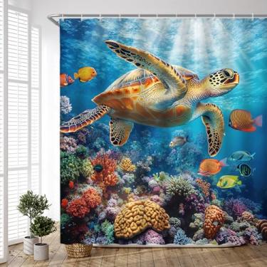 Imagem de PZMPZM Cortina de chuveiro tartaruga marinha mundo subaquático oceano animal colorido peixes tropicais coral no fundo do mar cortinas de tecido de poliéster com ganchos 180x170 cm A