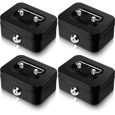 Imagem de Tandefio Caixa de dinheiro de 4 peças com trava e compartimento organizador de aço cofrinho de metal para presente de Natal, ano novo, sem bandeja de dinheiro (preto)