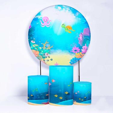 Imagem de Kit Painel de Festa Redondo de 1,30m e Trio de Cilindros Fundo do Mar - Fera Print