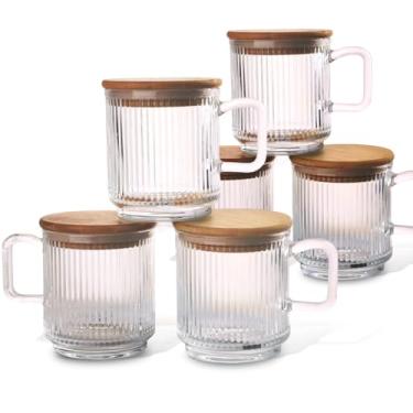 Imagem de WeirdUncle Caneca de café de vidro canelado com tampas e alça de bambu, conjunto de 6, copos transparentes para beber chá de 340 g, design canelado, ideal para água, café gelado, suco, latte, leite,