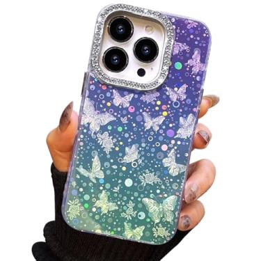 Imagem de I-MGAE-IN-AR Capa compacta para iPhone 15 Pro Max com design de borboleta, moldura de proteção de lente de câmera de diamante 3D, capa protetora de TPU macia e macia à prova de choque para mulheres