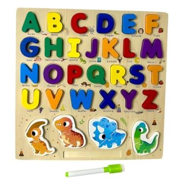 Imagem de Tabuleiro Alfabeto Infantil em Madeira com Letras 3D e Dinossauros Brinquedo Educativo Montessori com Lousa e Canetinha para Crianças a Partir de 3 Anos