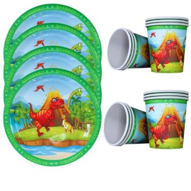 Imagem de Kit 20 Convidados Pratos Copos Papel Dinossauro Papel Para Festa - UDlandia