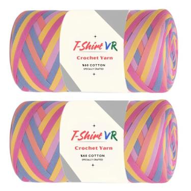 Imagem de Art of Yarn Camiseta fio VR% 60 algodão para crochê tricô tecido metálico grosso camiseta iniciante 500 g, 272 jardas porta-copos bolsas perfeitas, cestas decoração de casa, pacote com 2, arco-íris