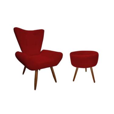 Imagem de Kit Poltrona Decorativa Emilia + Puff Redondo Suede Vermelho Pés Madei