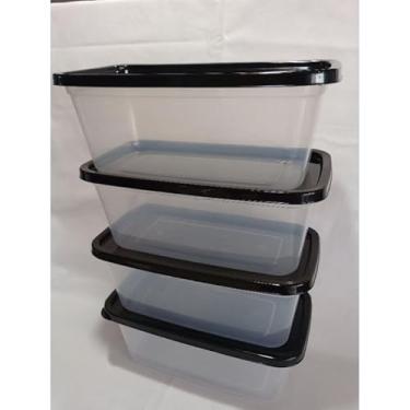 Imagem de Kit 4 Potes Plásticos Free Bpa 3 Litros Transparentes Com Tampa Colorida Marmita Fitness Reutilizável Freezer(4 potes tampa Tampa Preto)