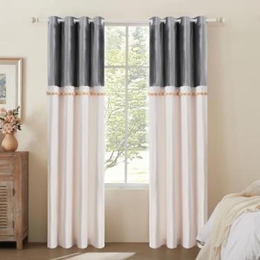 Imagem de Cortinas longas de veludo de 250 cm com 2 painéis para sala de estar, cinza escuro, marfim, casa de fazenda, boho, elegante, cortina blackout cortinas bordadas com pompom de renda