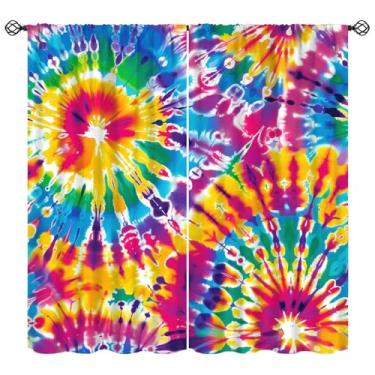 Imagem de Cortinas Tie Dye, Boho Arco-íris Abstrato Espiral Colorida Estampa Mandala Varão, Bolso para Varão, Cortinas de Janela para Quarto Sala de Estar 107 cm L X 114 cm C (Blackout 30%)