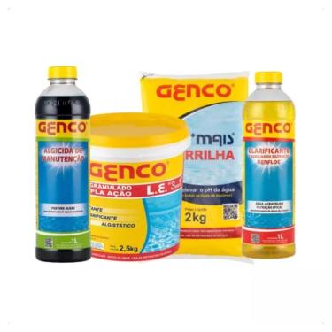 Imagem de KIT CLORO 2,5KG 3 EM 1 + ALGICIDA MANUTENÇÃO 1LT + CLARIFICANTE 1LT + BARRILHA PH+ 2KG GENCO