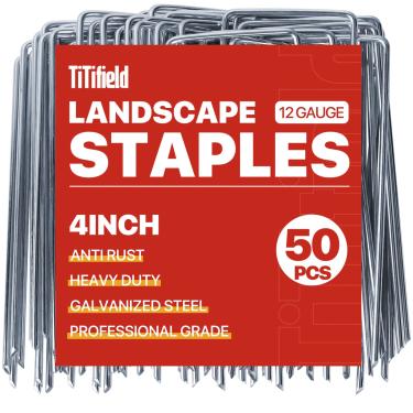 Imagem de TiTifield Grampos de paisagem, 10 cm, pacote com 50, calibre 12, grampos de jardim, estacas galvanizadas, tecido de paisagem, grampos de grampo, estacas de jardim para tubos de irrigação, cerca, barreira de ervas daninhas, cobertura do solo