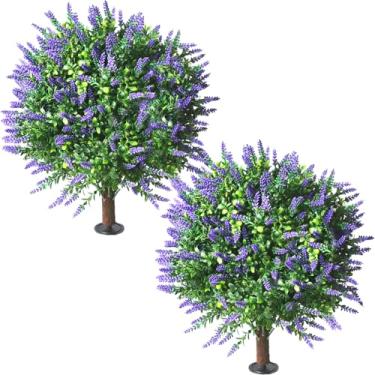 Imagem de Tinsow Par de esferas de topiária de lavanda artificial com pontas de solo - plantas artificiais resistentes a UV para decoração interna ou externa (roxa)