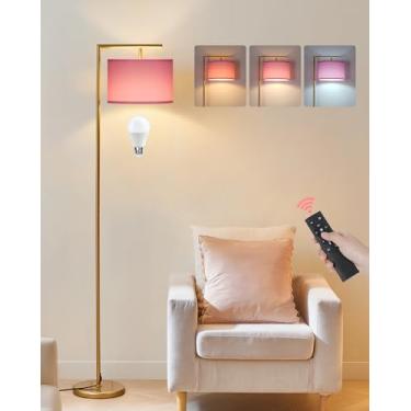 Imagem de GOEBLESON Luminária De Chão Moderna Em Arco Dourado, Alta Canto Com Controle Remoto, Abajur Leitura Arqueado Cúpula Tecido, Iluminação Para Sala Estar, Quarto, Escritório, Rosa, Lâmpada Led Inclusa,
