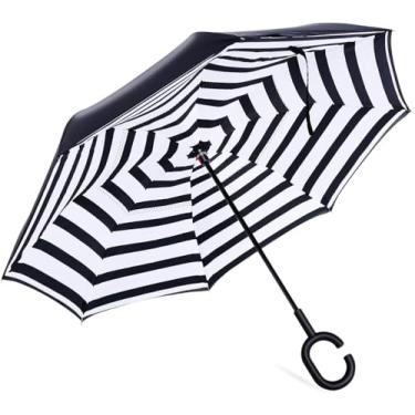Imagem de Guarda-chuva Invertido De Dupla Camada Inovadora Multifuncional Chuva Uv Proteção Contra Vento Guarda-chuva Dobrável Reverso Para Carro Com Alça Em Forma De C, Simple stripe