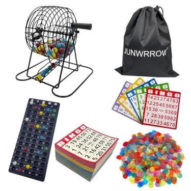 Imagem de JUNWRROW Conjunto de jogo de bingo de luxo - gaiola de roda de 15 cm, 500 fichas coloridas com uma bolsa, 50 cartões de bingo, 500 folhas de papel, 75 bolas com um saco, tabuleiro mestre, bolsa de