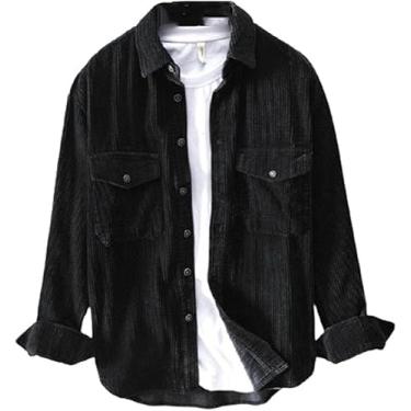 Imagem de Homens Primavera Outono Moda Japão Estilo Slim Fit Camisas Vintage Camisa De Veludo Casual Solto Camisa De Manga Comprida Tops, Black, XXL