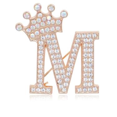 Imagem de Broche de letra inicial com coroa para mulheres, meninas, homens, meninos, broches de nome personalizado, artesanato, broche, colorido, strass, broche, ouro, A-Z, Zircônia cúbica