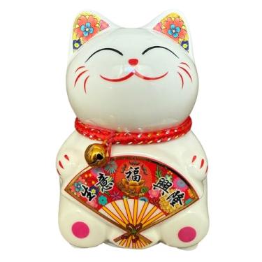 Imagem de Cofrinho pequeno para gatos da sorte – cofrinho de cerâmica Feng Shui Maneki Neko para boa sorte e prosperidade, ornamento Feng Shui Dinheiro Fortuna gato presente decorações para casa, escritório
