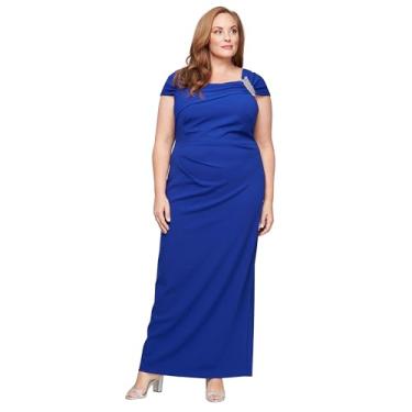 Imagem de Alex Evenings Vestido feminino longo crepe mãe da noiva com decote assimétrico franzido e enfeite (tamanho grande), Royal, 25 Plus Size