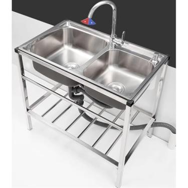 Imagem de Pia De Utilidade Livre Stding Pia De Tigela Única 2 Tigela De Preparação Com Torneiras Frias E Quentes Pia De Aço Inoxidável Para Lavanderia Casa De Fazenda, Interior Externo