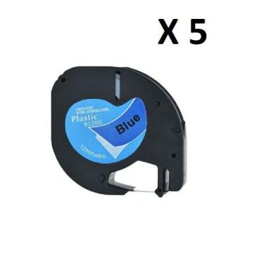 Imagem de Kit 5 Fitas Plástica Compatível Dymo Letratag 91205 Azul Letra Preta 1