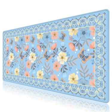 Imagem de Tapete de mesa floral azul, tapete de mesa grande para mesa, tapete de mesa feminino fofo, 2GG grande mouse pad para mesa, mousepad antiderrapante com bordas costuradas, teclado pad capa de mouse para