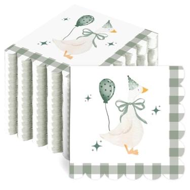 Imagem de Guardanapos de papel One Silly Goose 120 peças de decorações de aniversário de guingão verde sálvia guardanapos temáticos de ganso tolo guardanapos descartáveis de coquetel de bebida para suprimentos
