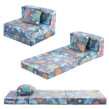 Imagem de MeMoreCool Cadeira Futon Dobrável para Crianças, Sofá-Cama Brilhante Dobrável Tri-Fold Colchão de Sofá Infantil Conversível com Travesseiro, Sofá de Espuma para Dormir e Brincar, Azul