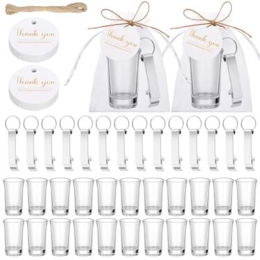 Imagem de Honeydak 100 peças de lembrancinhas de casamento para convidados a granel, incluindo copos de vidro, chaveiros abridores de garrafas, cartões de agradecimento, bolsa de organza presente de lembrança