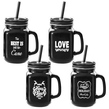 Imagem de REUJIHXY Copos pretos de 473 ml com alça e tampas, copos e canecas de vidro com orifício de canudo para suco, kombucha, chá - pacote com 4