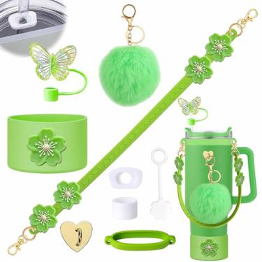 Imagem de Conjunto de 9 peças de acessórios para copos Stanley, incluindo alça ajustável para garrafa de água, bota de silicone, capa de cobertura de canudo de silicone, plugue antiderramamento, pingentes fofos