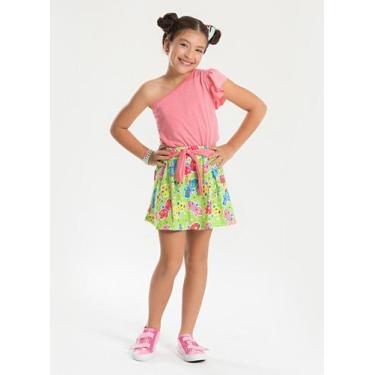 Imagem de Conjunto Verão Menina Rosa Cropped um Ombro Só e Shorts Saia com Faixa