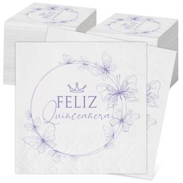 Imagem de Kosiz 100 peças Mis 15 Quince Girls Guardanapos de coquetel de festa de aniversário de 15 anos desdobrados 23 x 23 cm 3 camadas, artigos de mesa de papel descartáveis para decoração de quinze anos