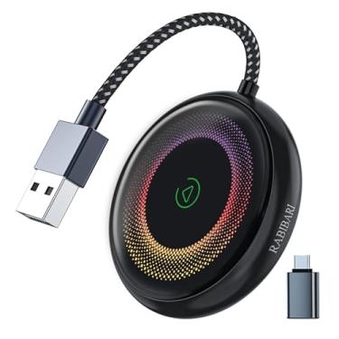 Imagem de RABIBARI Adaptador CarPlay sem fio para iPhone, luzes arco-íris controladas por voz, dongle de reprodução de carro da Apple mais rápido 2025, mini caixa de chip 5G, conectividade instantânea, plug