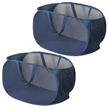 Imagem de Rubruan Cesta de roupa suja de malha pop-up de 2 peças, alças duráveis, cestas de lavanderia dobráveis para roupas dobráveis para lavanderia, dormitório universitário (2 x azul marinho)