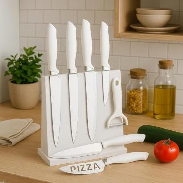 Imagem de Conjunto de Facas de Cozinha, 7 Peças, Branco, Kit Profissional para Churrasco, Carnes, Pães e Pizza com Descascador