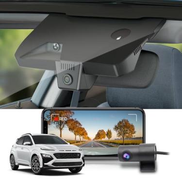 Imagem de Fitcamx Câmera frontal 2K + traseira 1080p para Hyundai Kona 2021-2023 (peça nº J9020) com regulação automática, estilo OEM, vídeo HD duplo, Wi-Fi e aplicativo, gravação em loop, sensor G, fácil de