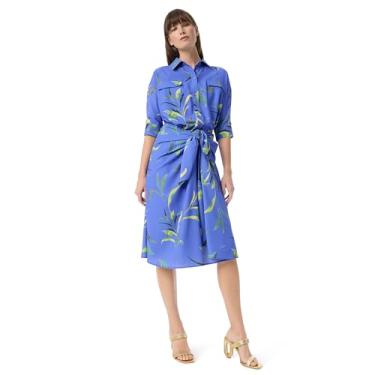 Imagem de DEE OCLEPPO Vestido feminino de botão Bobbi com laço frontal padrão, Azul Baja - Folhas jogadas, GG