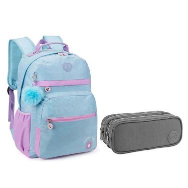 Imagem de Kit Mochila Escolar Infantil Kk24m14acr E Estojo Académie Duplo Cinza - Kika