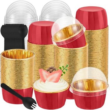 Imagem de Gandeer Conjunto de 300 mini copos de alumínio para assar com tampas, colheres, 3,5 g, forros de cupcake de folha de 142 g, copos descartáveis de ramequins para cupcake, forros de muffin, suportes