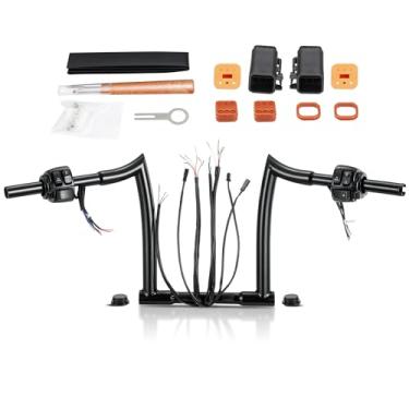Imagem de TIGERSGATE Ganchos de macaco pré-cabeados de 25,4 cm com fios de aderência aquecidos e kit de controle de interruptor e fios de seta Guidão gordo de 3,8 cm para Sportster Dyna Softail Road King 1996