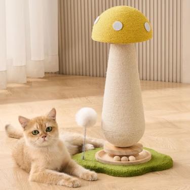 Imagem de Árvore de gato cogumelo arranhador, 53 cm A torre arranhadora fofa para gatos com toca-discos de madeira maciça durável, cogumelo amarelo limão arranhador de sisal com erva de gato para gatos em