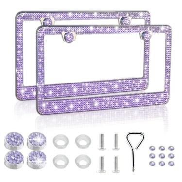 Imagem de Piburth Moldura de placa de carro brilhante, capa de placa de licença de aço inoxidável com strass brilhante, universal para a maioria dos carros, SUVs, veículos com conjunto de parafusos, acessórios