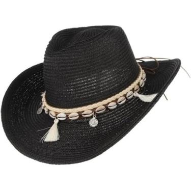 Imagem de Shell Tassels Cowgirl Verão Chapéu Chapéu De Palha Para Mulheres Homens Ocidental Cowboy Chapéu Senhora Na Moda Tecido Sol Chapéu Praia Cap, Black, One Size